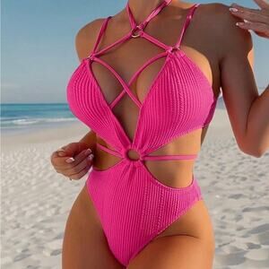 FlatterMe Pink Ribbed Cutout 1 Piece Swimsuit Ring Detail Crisscross Women Large